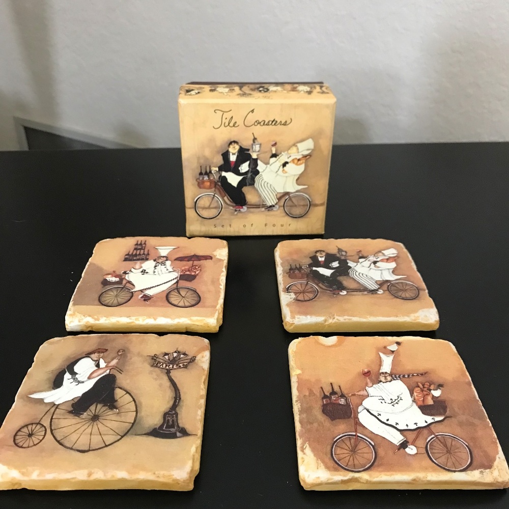 Jennifer Garant set of 4 Stone and Cork Coasters Fat Chef on Bicycle in box NWOT